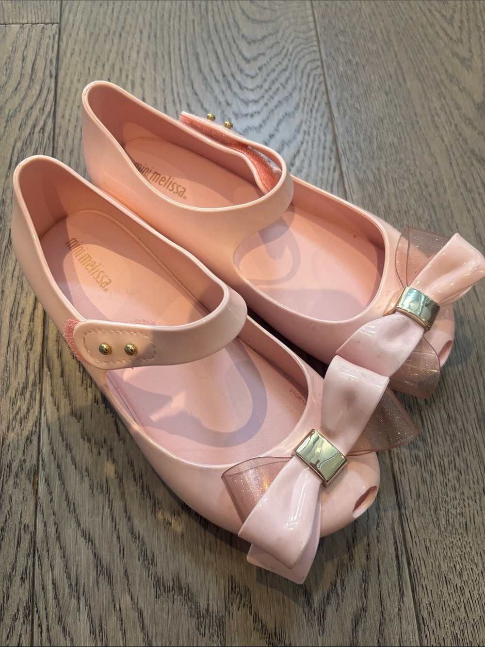 Mini Melissa Pink Bow Mary Jane Flats with Gold Accent